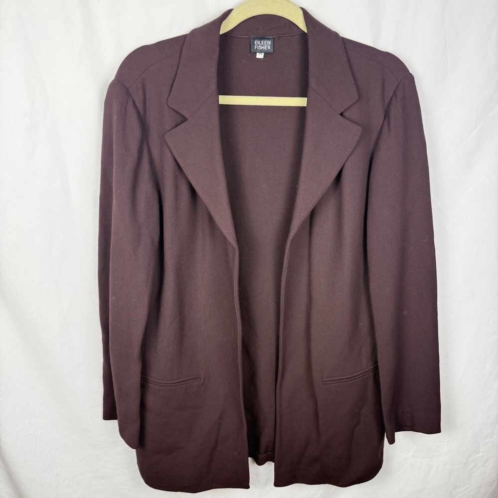 Eileen Fisher Viscose Wool Blend Dark Brown Open Blazer Large Capsule Neutral